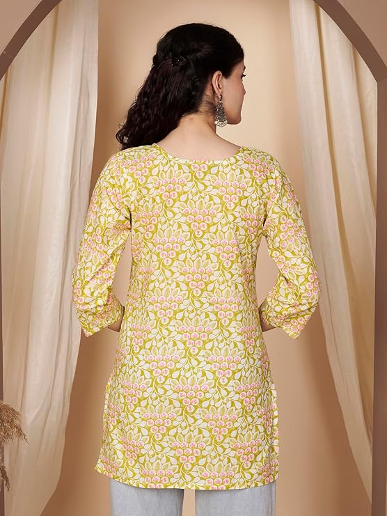 LIBOZA Short Kurti for Women Latest | Cotton Short Kurta | Women's Floral Printed Rayon Short Kurta | Comfortable, Office & Casual Kurta for Jeans, Leggings & Trousers