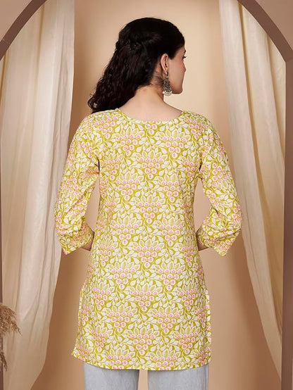 LIBOZA Short Kurti for Women Latest | Cotton Short Kurta | Women's Floral Printed Rayon Short Kurta | Comfortable, Office & Casual Kurta for Jeans, Leggings & Trousers