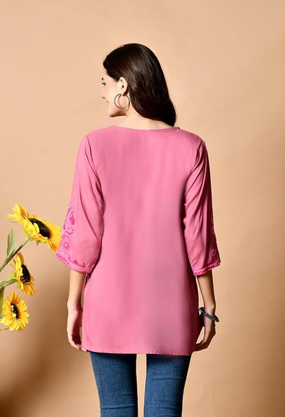 LIBOZA Embroidered Kashmiri Tunic Top, Short Kurti for Women on Jeans, V-Neck, 3/4 Sleeve, Floral Design,