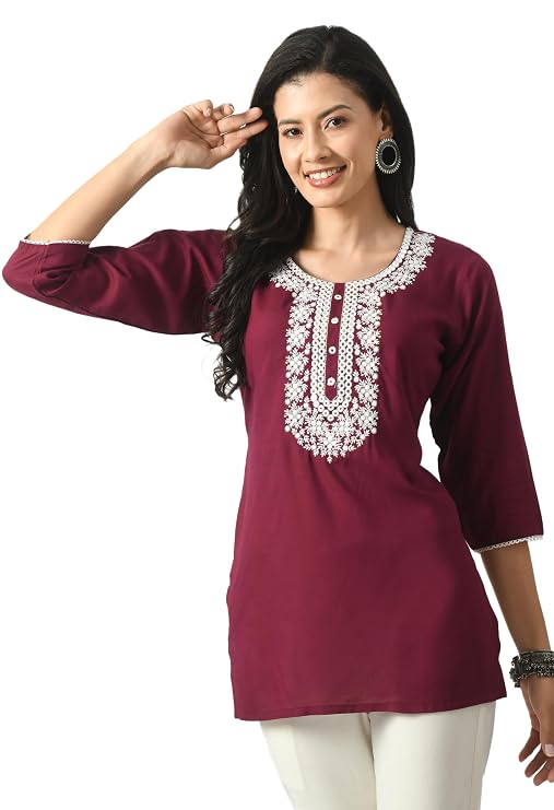 LIBOZA Short Kurta for Women – Lakhnowi Chikankari Embroidered Ladies Kurti, Ethnic Half Kurtas, Stylish Girls Top, Tunic Design Woman Kurtis Purple