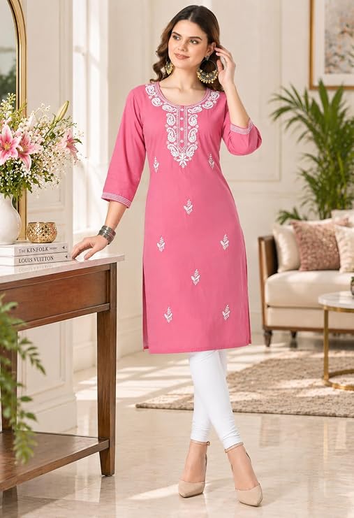 LIBOZA Kurta for Women – Lakhnowi Chikankari Embroidered Ladies Kurti, Stylish Girls Top, Ethnic Full Kurtas, Straight Design Kurtis for Woman