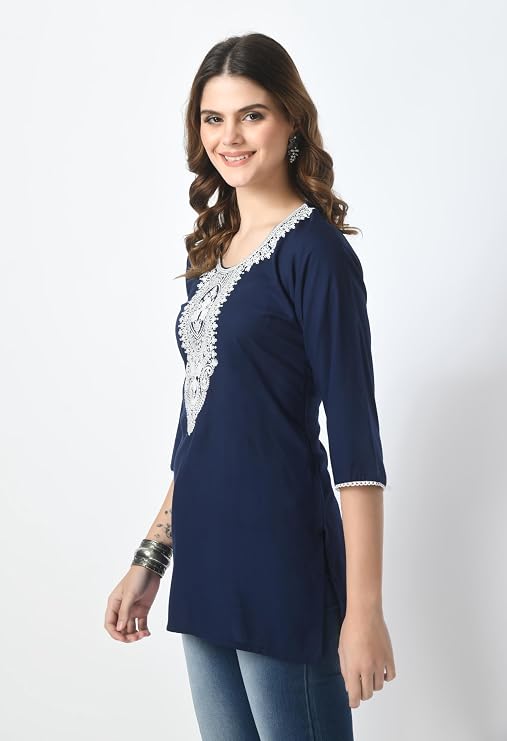 LIBOZA Women's Pure Cotton Flex Print Short Kurti, Full Umbrella Sleeves, Navy Blue and Black, Casual and Office Wear