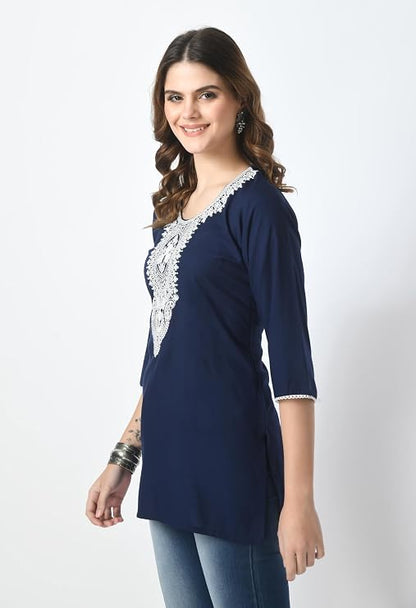 LIBOZA Women's Pure Cotton Flex Print Short Kurti, Full Umbrella Sleeves, Navy Blue and Black, Casual and Office Wear