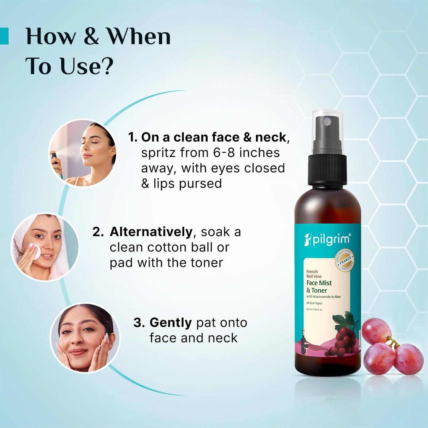 Pilgrim Alcohol Free Red Vine Face Toner, Mist Spray For Anti Ageing, Glowing Skin, Dry, Oily Men & Women, Women 100 MILLI_LITRE