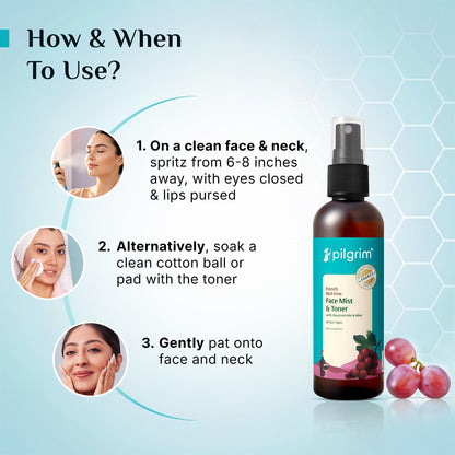 Pilgrim Alcohol Free Red Vine Face Toner, Mist Spray For Anti Ageing, Glowing Skin, Dry, Oily Men & Women, Women 100 MILLI_LITRE