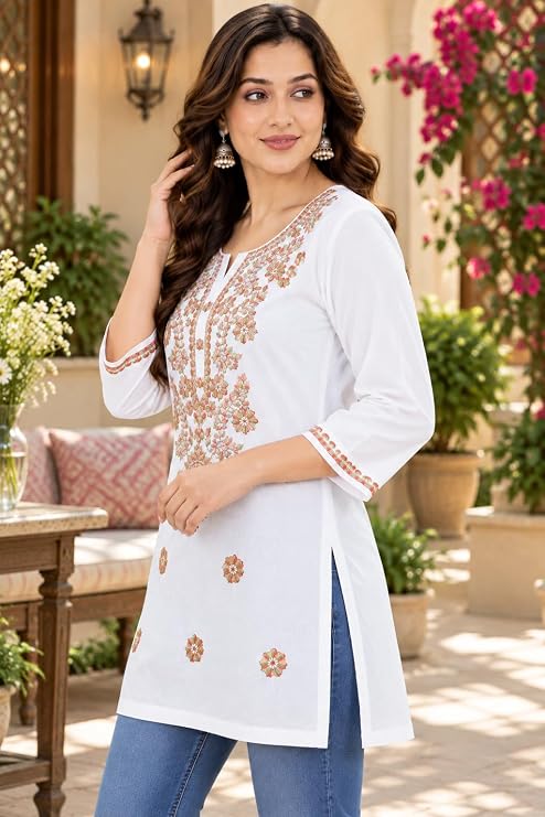 LIBOZA Kurti for Women - Short Chikankari Kurtis for Girls, Lakhnawi White