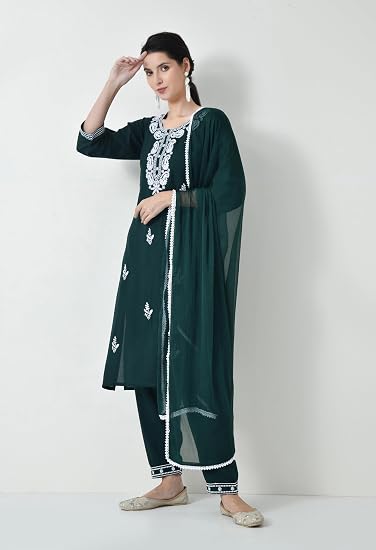 Chikankari Kurta Set for Women-Green