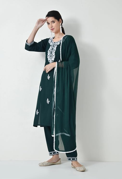 LIBOZA Chikankari Kurta Set for Women, Royon Cotton Straight Design Salwar Suit for Wedding, Diwali & Festival Kurti Pant With Dupatta, Suits Sets for Girls (IN, Alpha, 2XL, GREEN)
