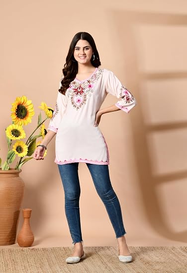 Embroidered Kashmiri Short Kurti -Baby Pink