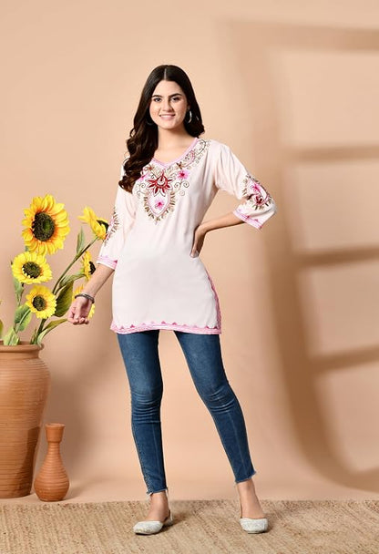 LIBOZA Embroidered Kashmiri Tunic Top, Short Kurti for Women on Jeans, V-Neck, 3/4 Sleeve, Floral Design,