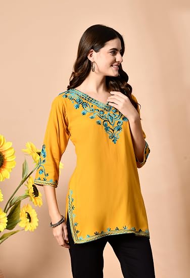 Embroidered Kashmiri Short Kurti -Mustard
