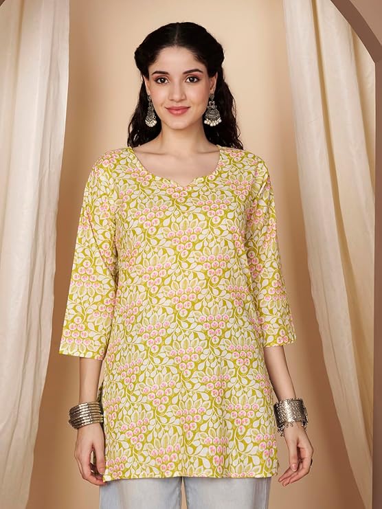 LIBOZA Short Kurti for Women Latest | Cotton Short Kurta | Women's Floral Printed Rayon Short Kurta | Comfortable, Office & Casual Kurta for Jeans, Leggings & Trousers