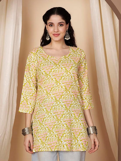 LIBOZA Short Kurti for Women Latest | Cotton Short Kurta | Women's Floral Printed Rayon Short Kurta | Comfortable, Office & Casual Kurta for Jeans, Leggings & Trousers