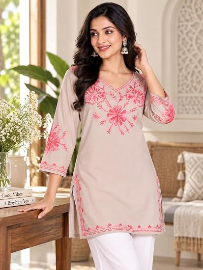 Embroidered Kashmiri Short Kurti -Beige