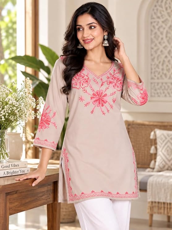 LIBOZA Embroidered Kashmiri Tunic Top, Short Kurti for Women on Jeans, V-Neck, 3/4 Sleeve, Floral Design,