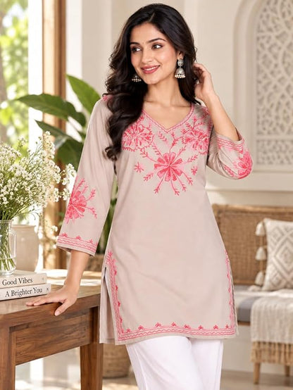 LIBOZA Embroidered Kashmiri Tunic Top, Short Kurti for Women on Jeans, V-Neck, 3/4 Sleeve, Floral Design,