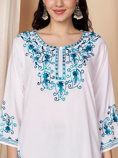 Embroidered Chikankari Kurti for Women - White Blue