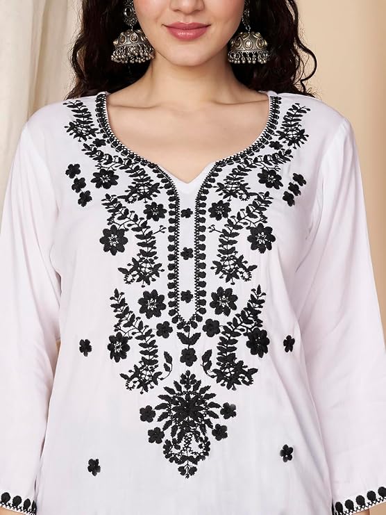 Short Kurti for Women for Jeans, Chikankari Kurtis for Ladies, Lakhnavi V- Neck Women's Tunic Design Kurta, Floral Kurtas & Tunics for Woman