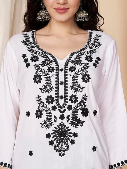 Short Kurti for Women for Jeans, Chikankari Kurtis for Ladies, Lakhnavi V- Neck Women's Tunic Design Kurta, Floral Kurtas & Tunics for Woman