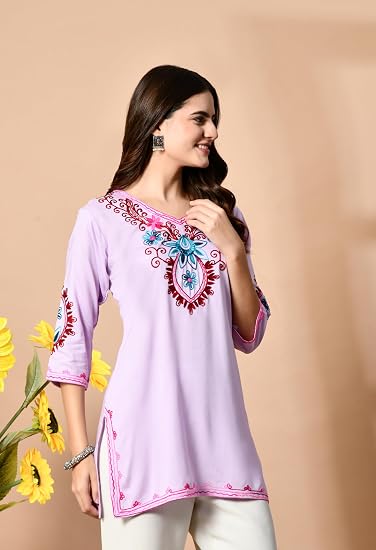 Embroidered Kashmiri Short Kurti -Lavender