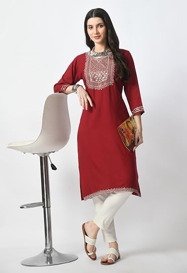 Embroidered Straight Design Kurtis for Woman-Red