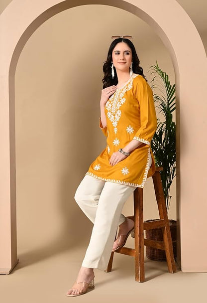 LIBOZA Women's Chikankari Embroidered Short Kurti, Rayon Fabric, Three-Quarter Sleeves, Available in Pink, Black, Mustard Yellow, White, Pista and Green