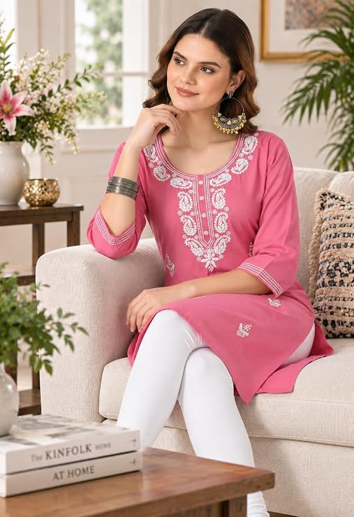 LIBOZA Kurta for Women – Lakhnowi Chikankari Embroidered Ladies Kurti, Stylish Girls Top, Ethnic Full Kurtas, Straight Design Kurtis for Woman