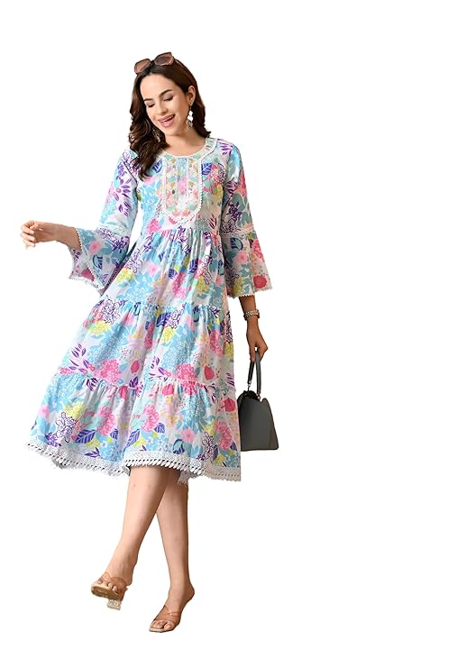 LIBOZA 100% Cotton Floral Print Tiered Midi Dress, Bell Sleeves, Lace Trim Detail, White and Multicolour for Women, Office, Party, All Occassions