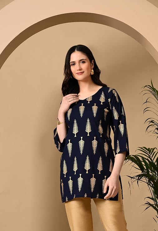 LIBOZA Short Kurti for Women for Jeans, Rayon Cotton Kurtis for Ladies, Gold Printed U Neck Women's Tunic Design Kurta, Top Floral Kurtas for Woman