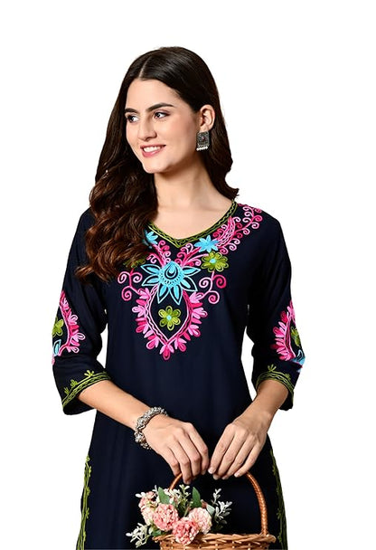 LIBOZA Embroidered Kashmiri Tunic Top, Short Kurti for Women on Jeans, V-Neck, 3/4 Sleeve, Floral Design,