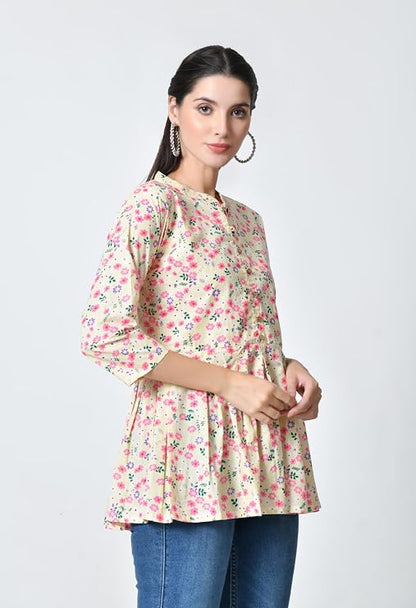 LIBOZA Women's Cotton Floral Print Box Pleated Kurti, Pink