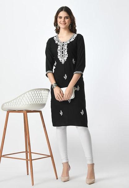 LIBOZA Kurta for Women – Embroidered Ladies Kurti, Stylish Girls Top, Ethnic Full Kurtas, Straight Design Kurtis for Woman Black