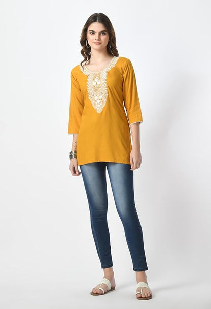 LIBOZA Short Kurti for Women – Lakhnowi Chikankari Embroidered Ladies Kurta, Stylish Girls Top, Ethnic Half Kurtas, Tunic Design Woman Kurtis Mustard Yellow
