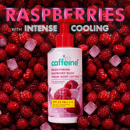 mCaffeine Brightening SPF 50 PA+++ Body Sunscreen Lotion | Instant Cooling, De-tan Body Lotion with Vitamin C Rich Raspberries & Niacinamide | Lightweight, Non-sticky Sun Protection - 200ml