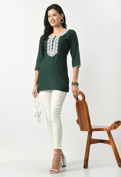 LIBOZA Short Kurta for Women – Lakhnowi Chikankari Embroidered Ladies Kurti, Ethnic Half Kurtas, Stylish Girls Top, Tunic Design Woman Kurtis Green