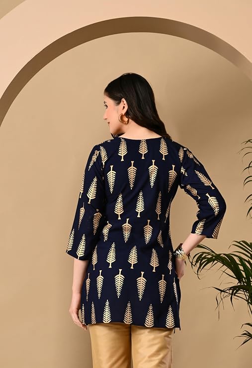 LIBOZA Short Kurti for Women for Jeans, Rayon Cotton Kurtis for Ladies, Gold Printed U Neck Women's Tunic Design Kurta, Top Floral Kurtas for Woman