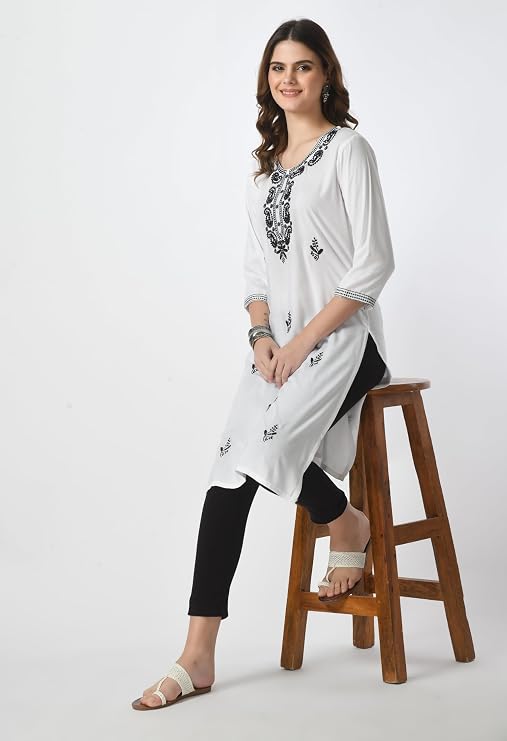 LIBOZA Kurta for Women – Lakhnowi Chikankari Embroidered Ladies Kurti, Stylish Girls Top, Ethnic Full Kurtas, Straight Design Kurtis for Woman