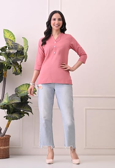 Women Cotton Short Kurta V-Neck with Button-Pink