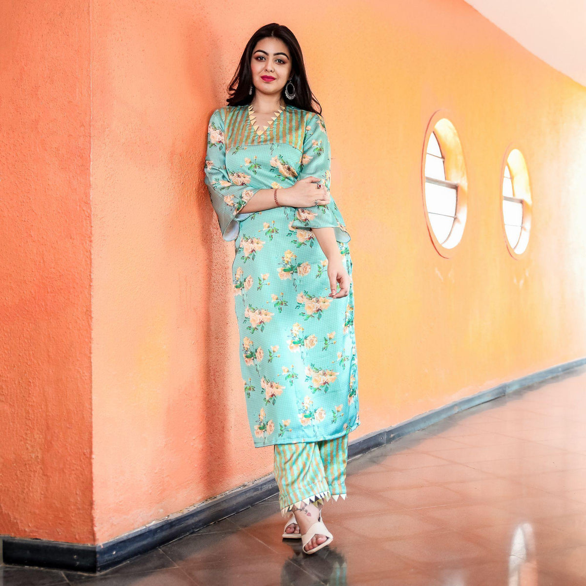 Mint Floral Checks Kurta Set - Ambraee