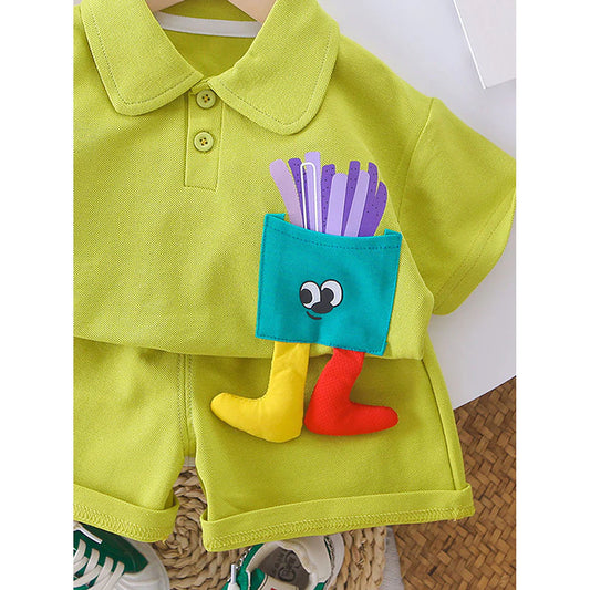 Green French Fries Themed 2 Pcs Shorts Set For Toddlers And Kids