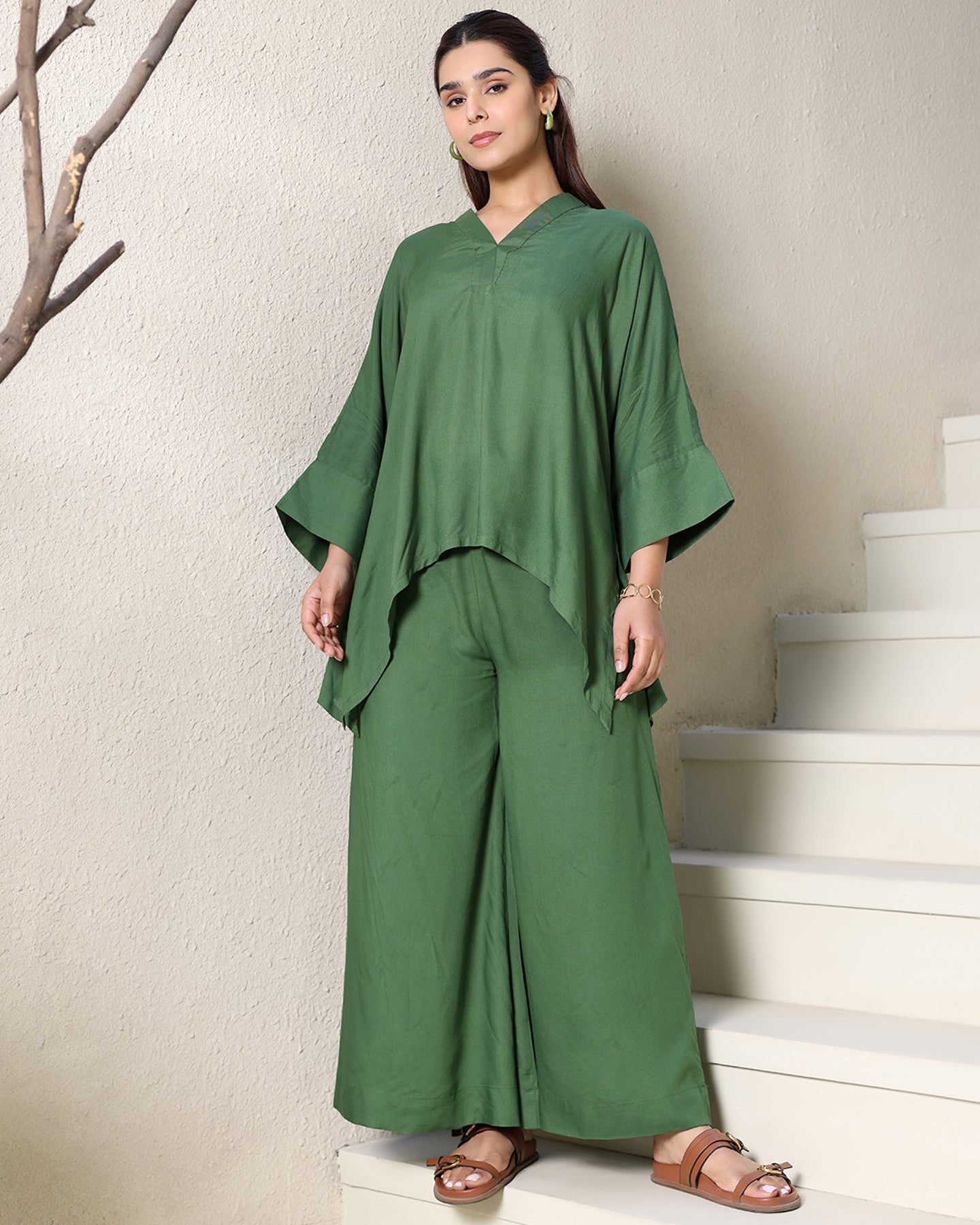OLIVE V-NECK RAYON CO-ORD SET