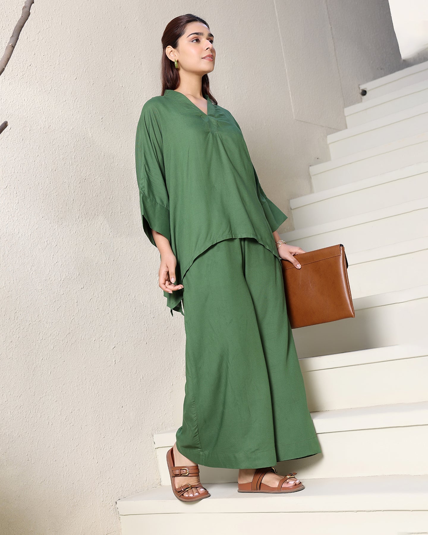 OLIVE V-NECK RAYON CO-ORD SET