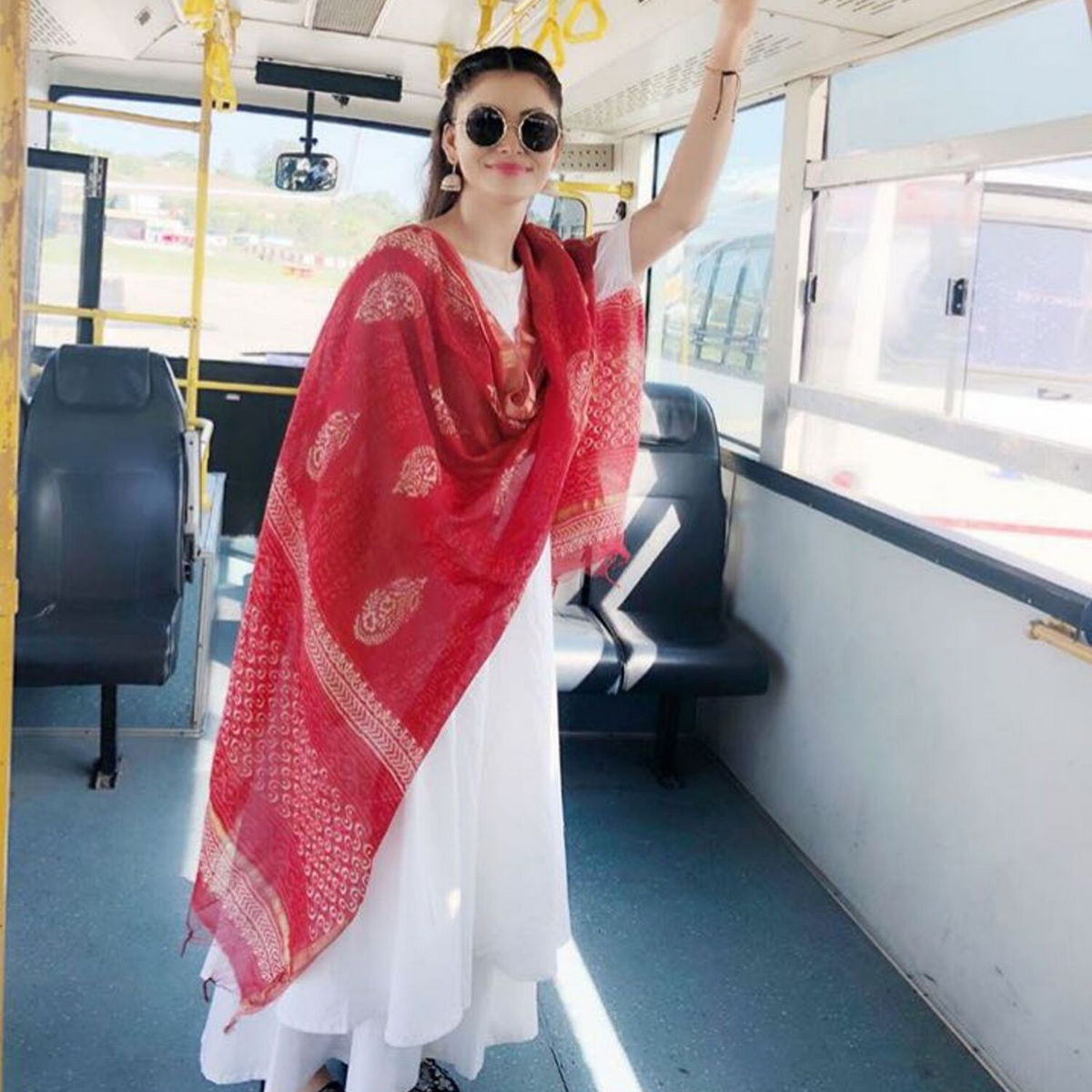 Ivory Suit Set With Red Dupatta - Ambraee