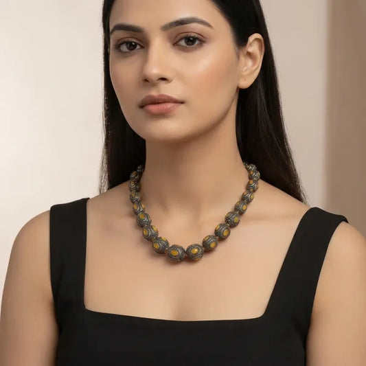 Oxidised Silver Yellow Stone Beaded Statement Necklace For Women