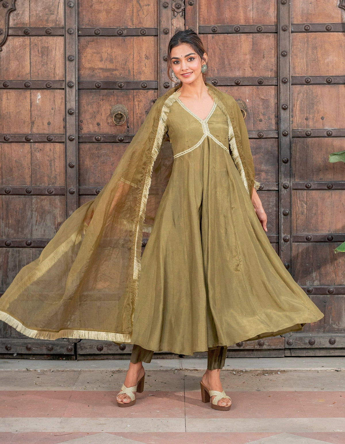 Olive Kalidaar Tissue Suit Set