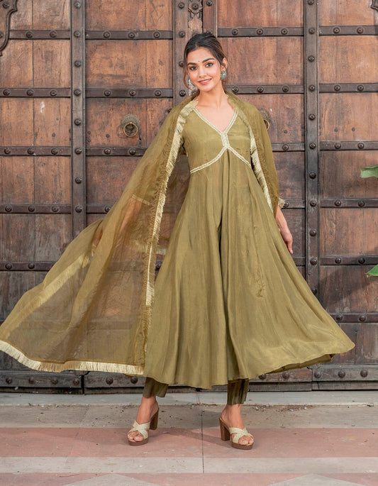 Olive Kalidaar Tissue Suit Set