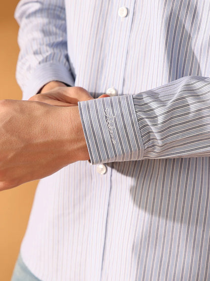 Blue Regular Fit Stripes Formal Shirt for Men (OVULO)
