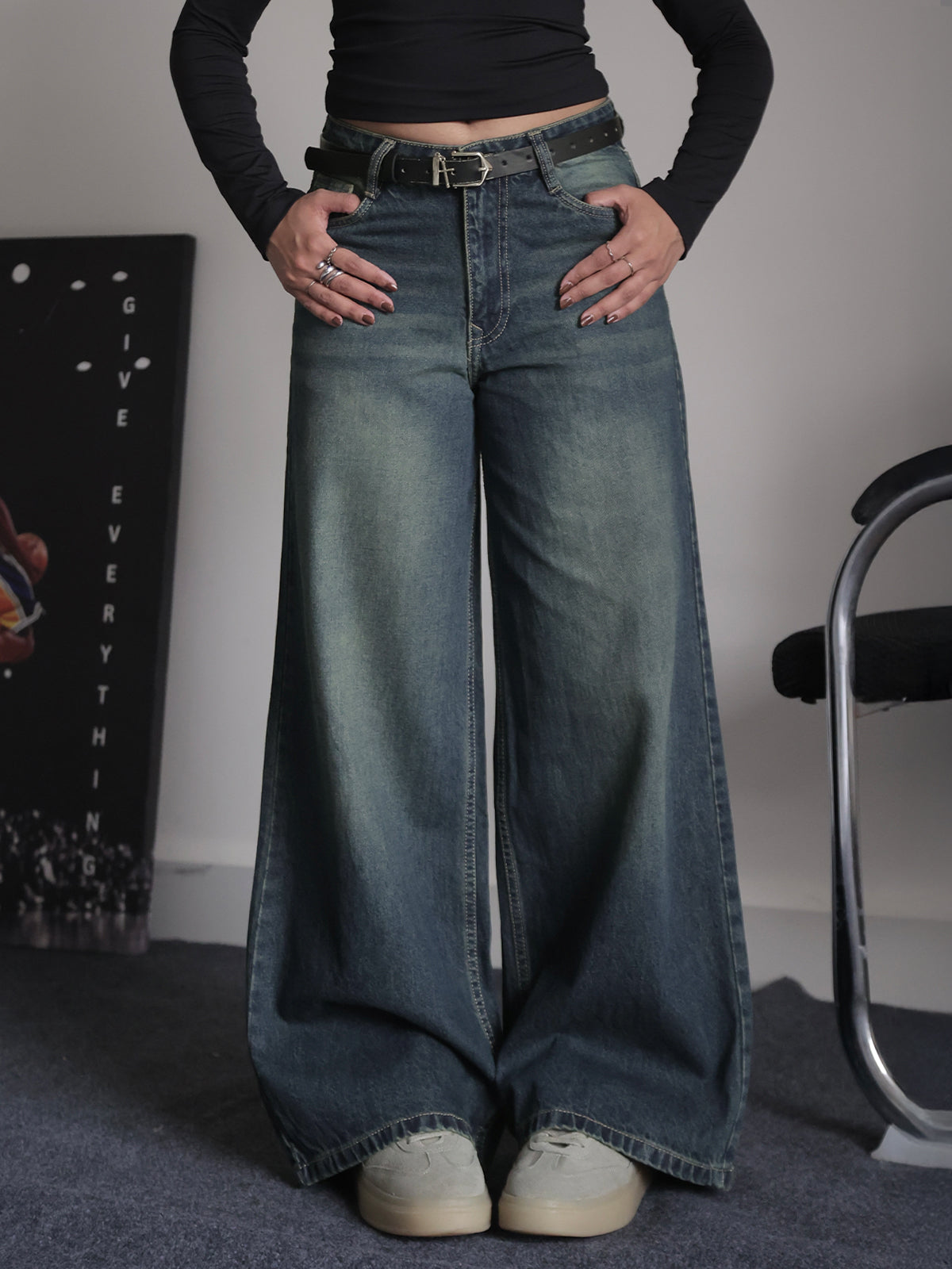 Retro Street Blue Tinted Wide Leg Jeans