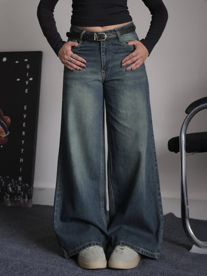 Retro Street Blue Tinted Wide Leg Jeans