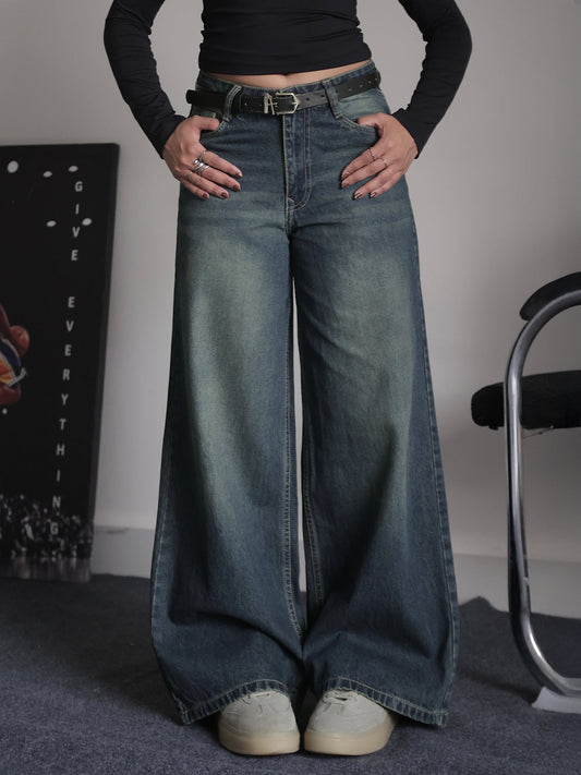 Retro Street Blue Tinted Wide Leg Jeans